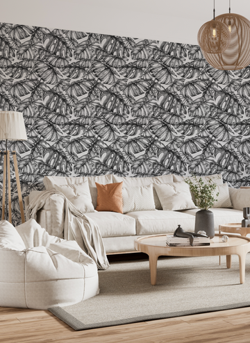 Falling Palm Leaves Black & White Wallpaper from Olive et Oriel where you can shop wallpaper and artworks online