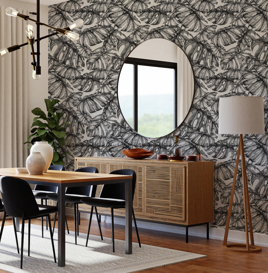 Falling Palm Leaves Black & White Wallpaper from Olive et Oriel where you can shop wallpaper and artworks online