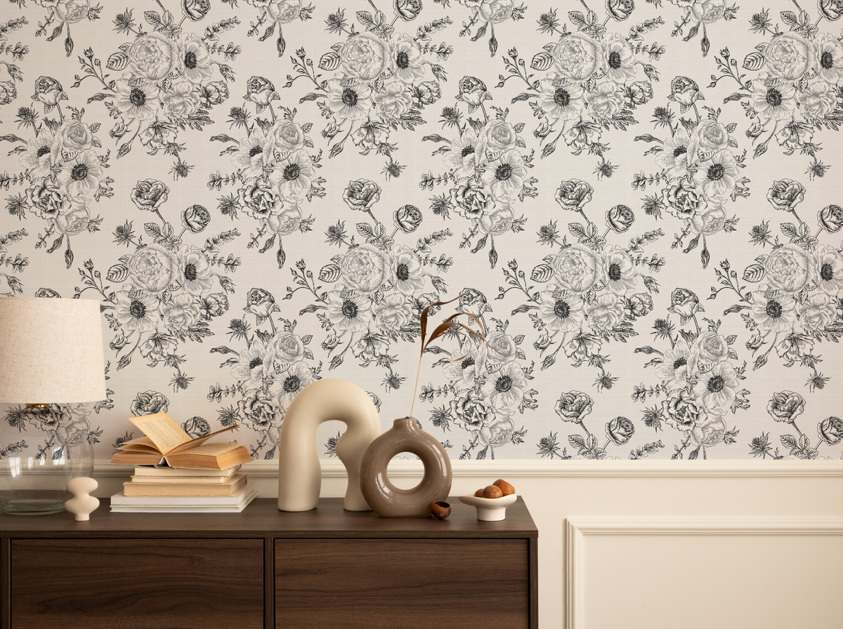 Floral Bouquet Black & White Wallpaper from Olive et Oriel where you can shop wallpaper and artworks online