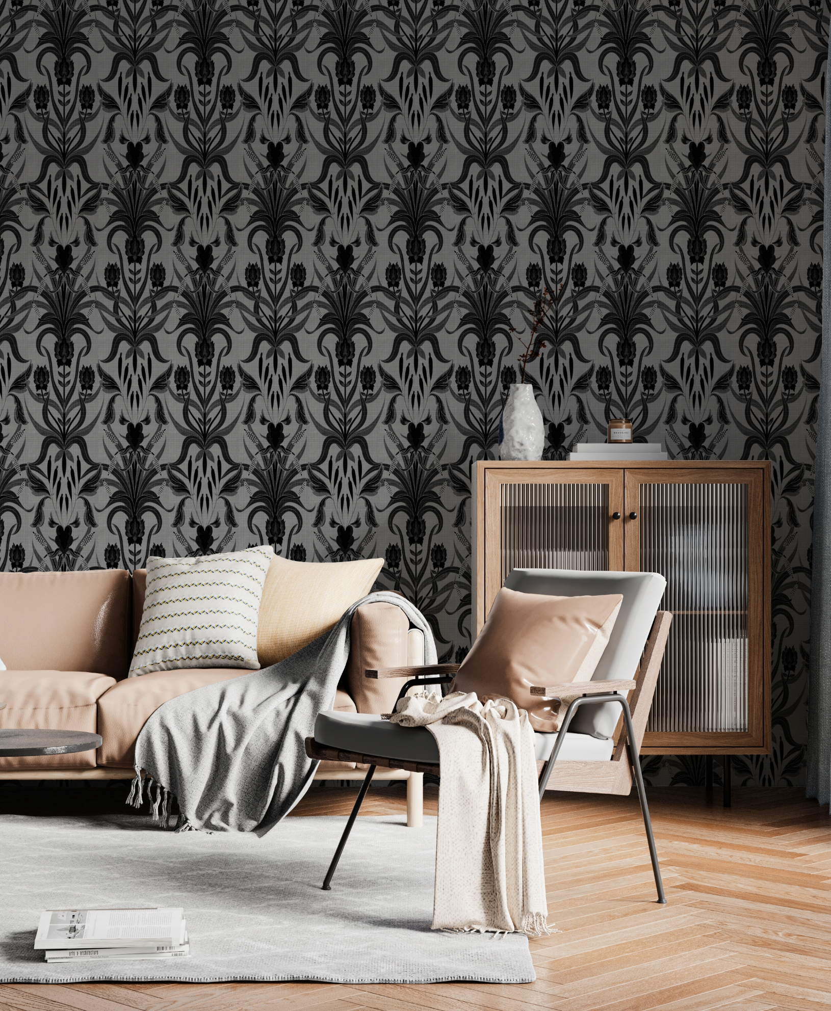 Damask Stripe Black & White Wallpaper