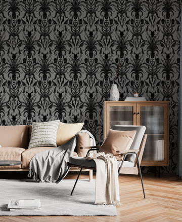 Damask Stripe Black & White Wallpaper from Olive et Oriel where you can shop wallpaper and artworks online