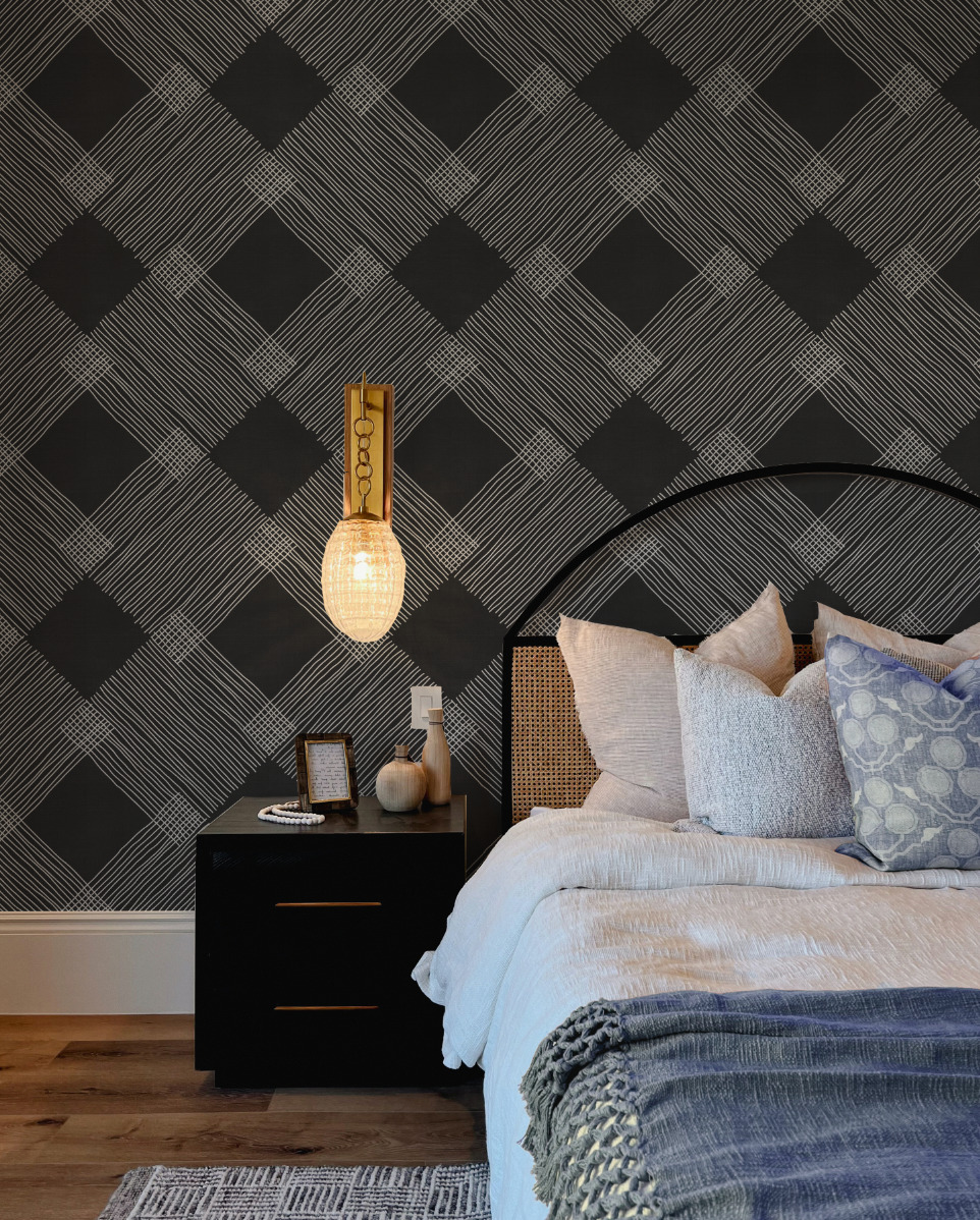 Diamond Line Art Black & White Wallpaper from Olive et Oriel where you can shop wallpaper and artworks online