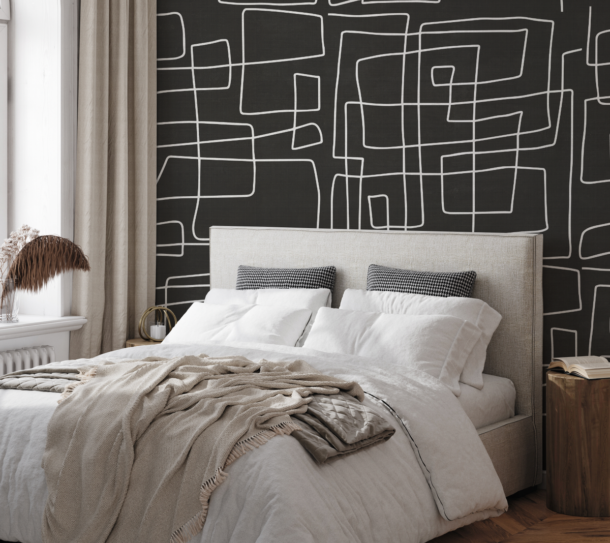 Line Art Maze Black & White Wallpaper from Olive et Oriel where you can shop wallpaper and artworks online