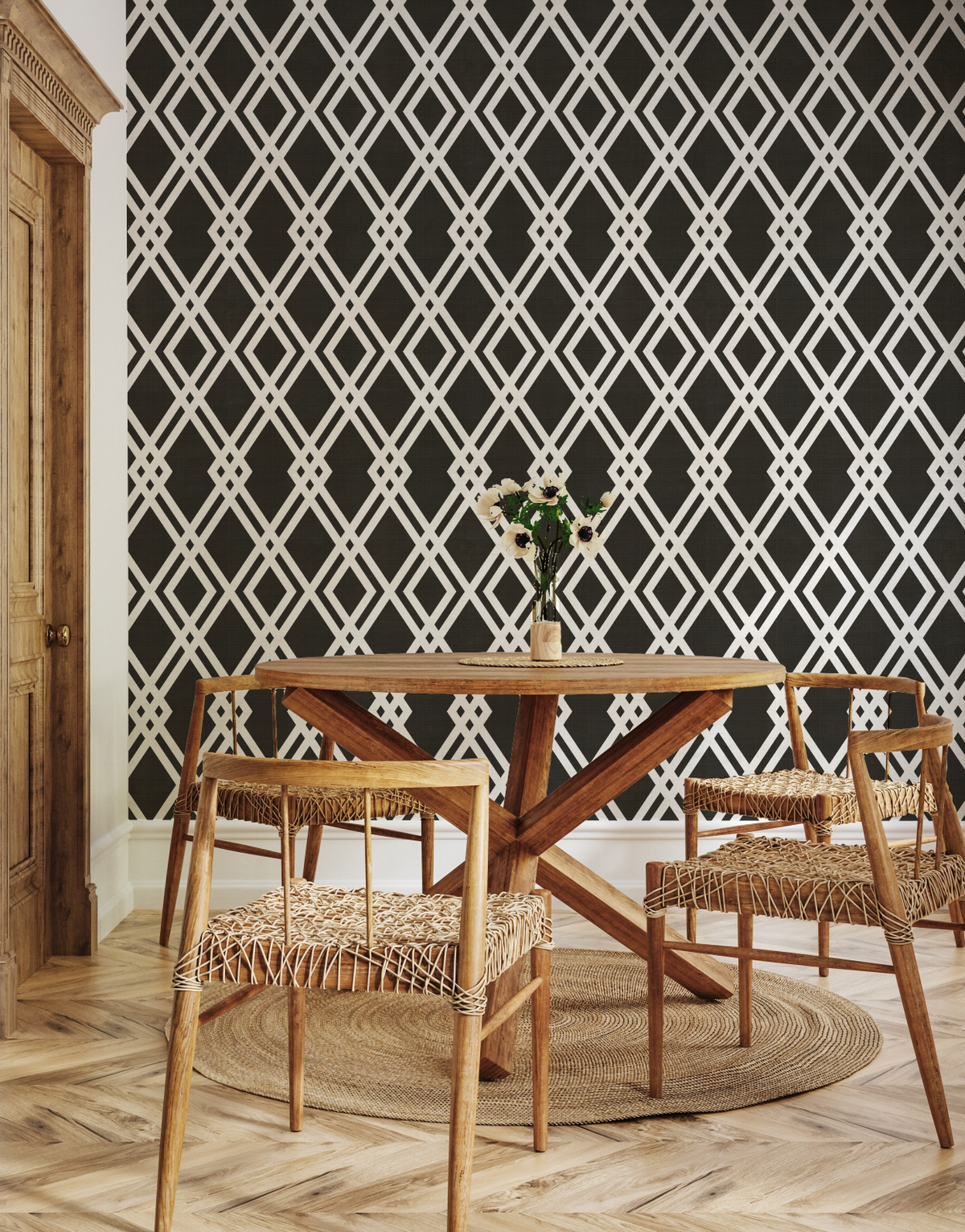 Luxe Lattice Black & White Wallpaper from Olive et Oriel where you can shop wallpaper and artworks online