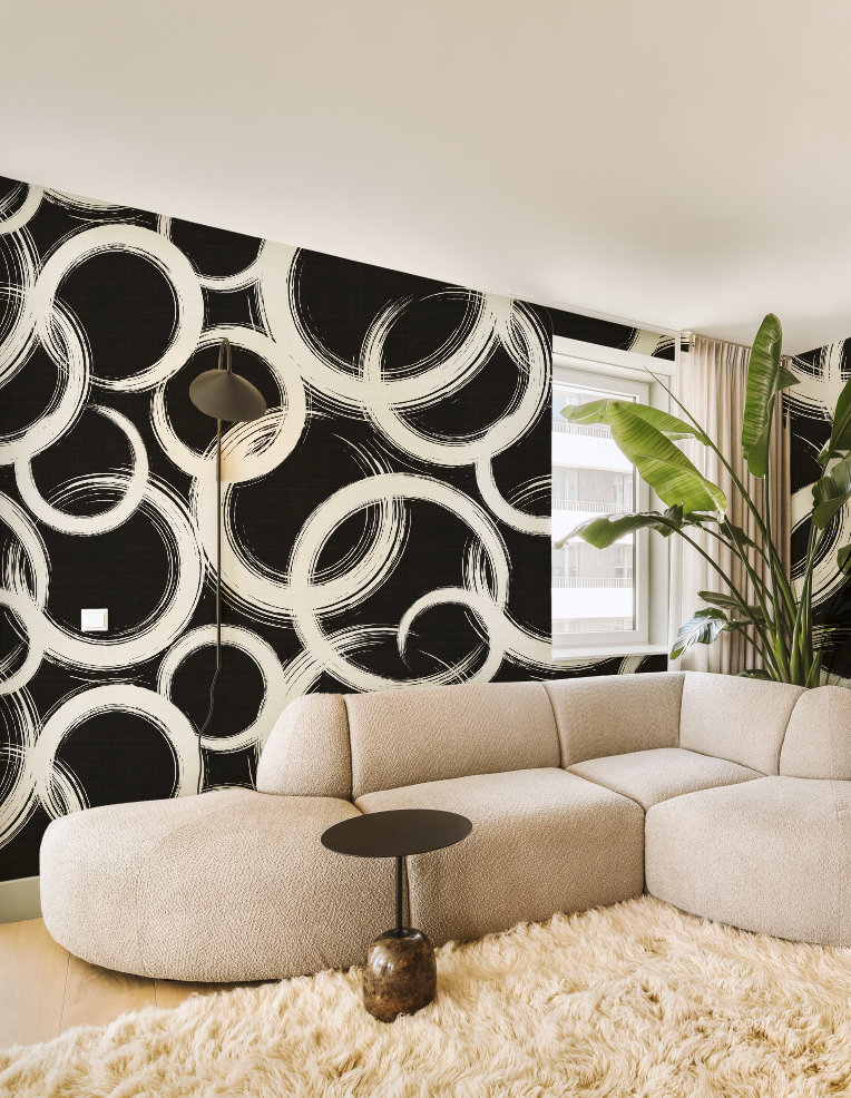 The Circle Black & White Wallpaper from Olive et Oriel where you can shop wallpaper and artworks online