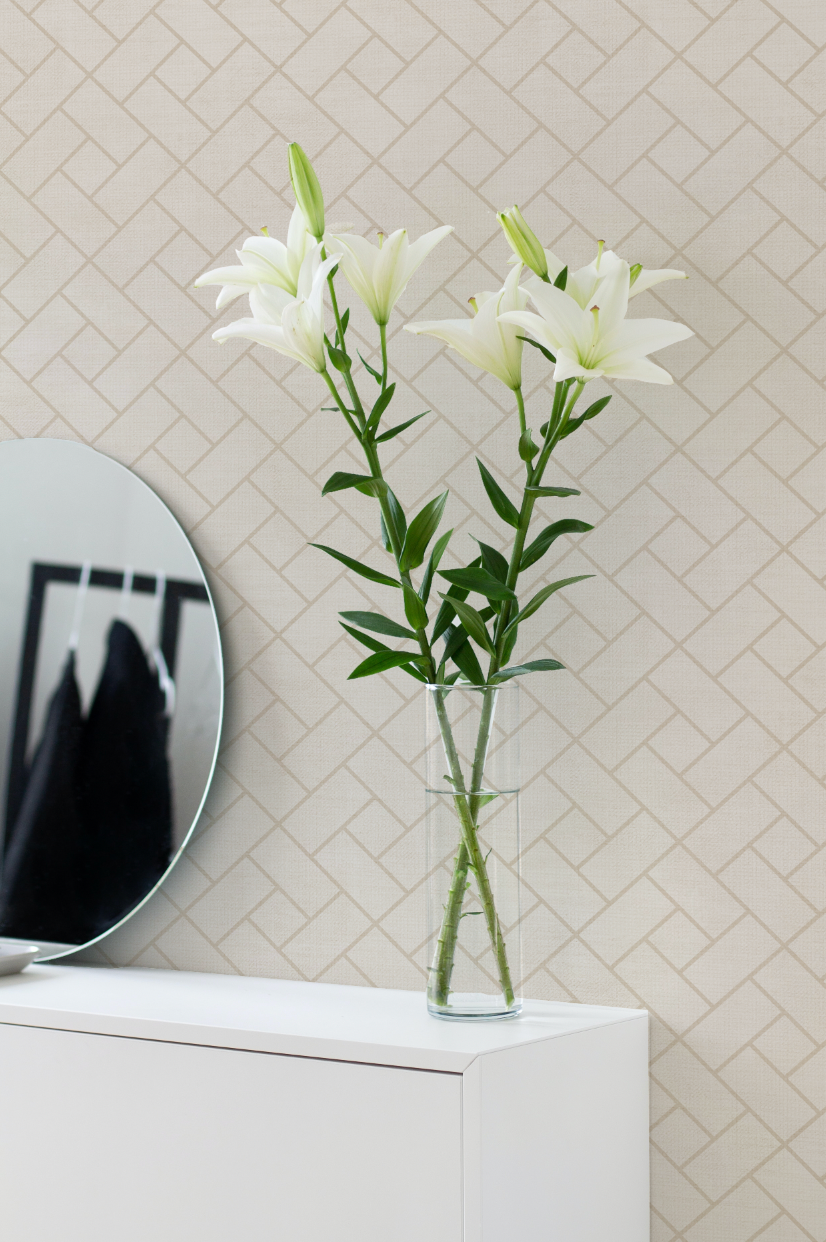 Herringbone Geo Beige Wallpaper from Olive et Oriel where you can shop wallpaper and artworks online