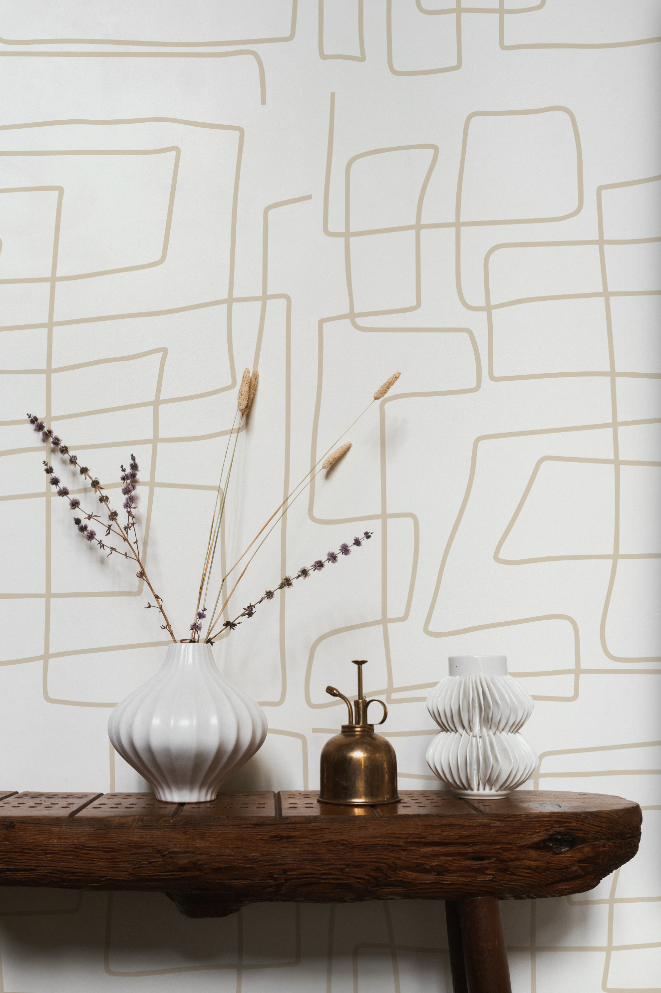Line Art Maze Beige Wallpaper from Olive et Oriel where you can shop wallpaper and artworks online