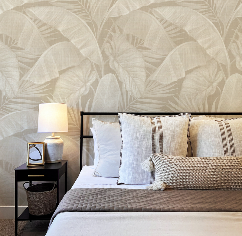 Escape to the Tropics Beige Wallpaper from Olive et Oriel where you can shop wallpaper and artworks online
