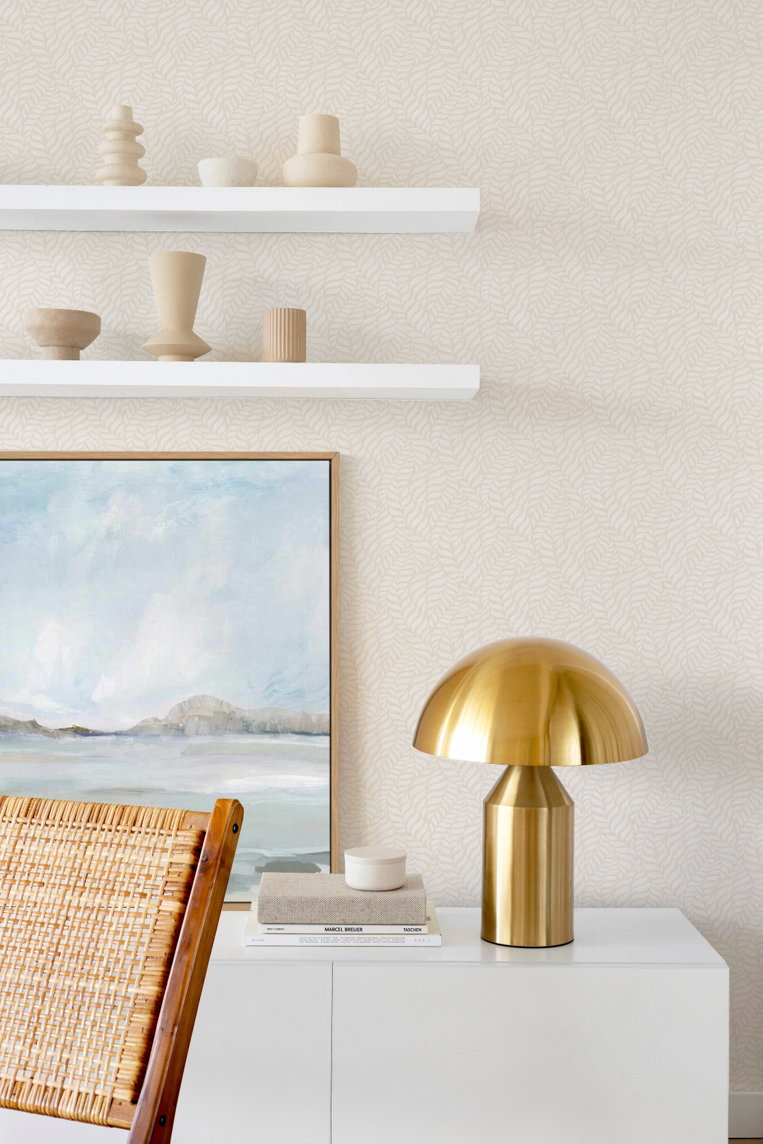 Abstract Leaves Beige Wallpaper from Olive et Oriel where you can shop wallpaper and artworks online
