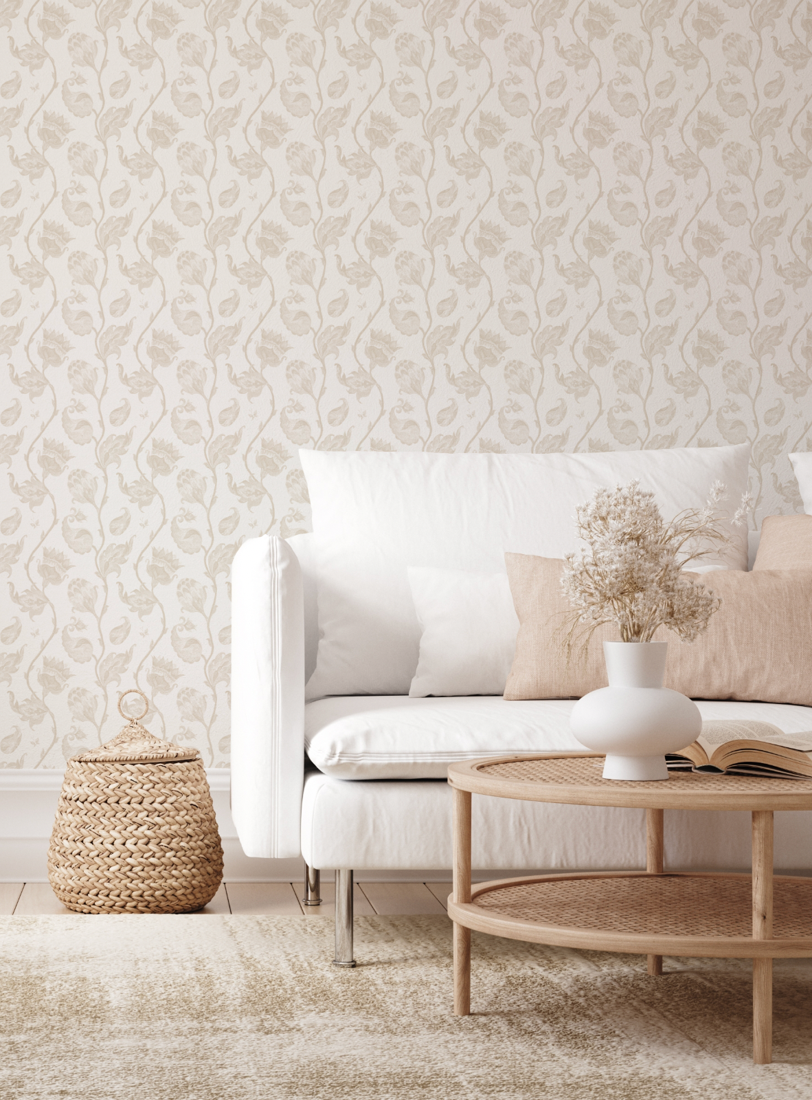 Classic Floral Vines Beige Wallpaper