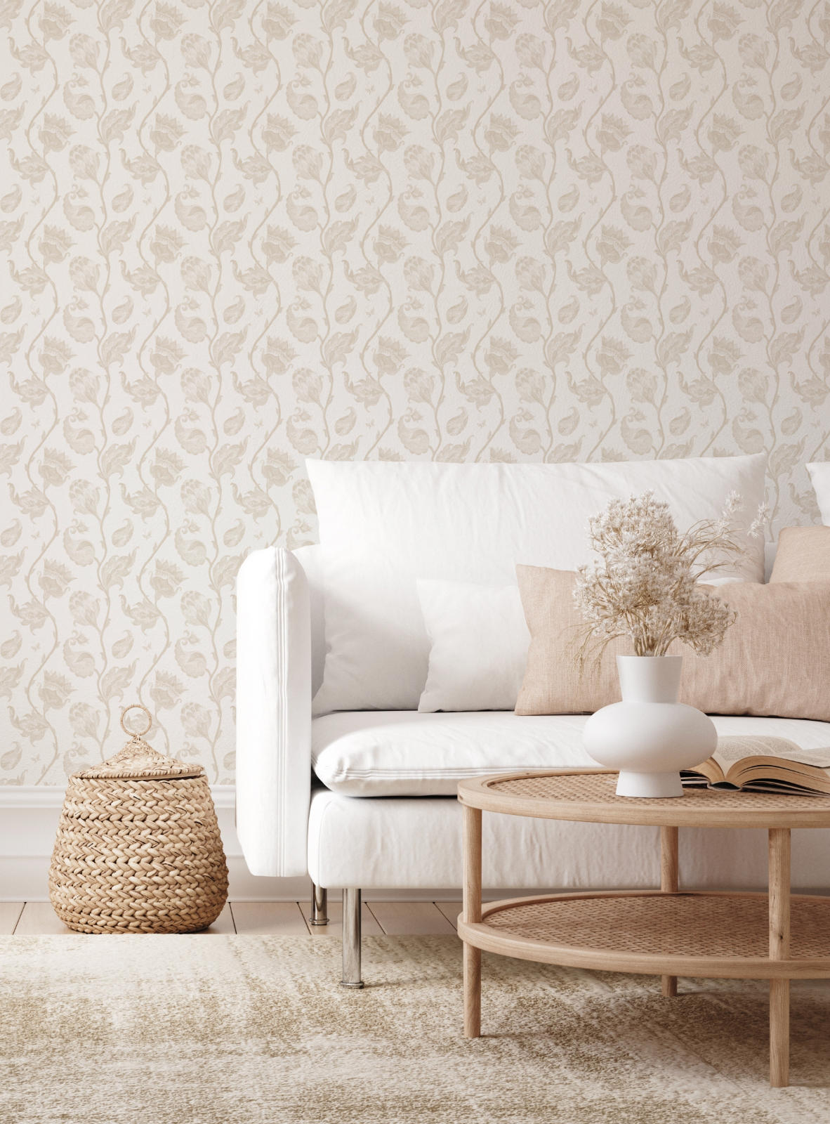 Classic Floral Vines Beige Wallpaper from Olive et Oriel where you can shop wallpaper and artworks online