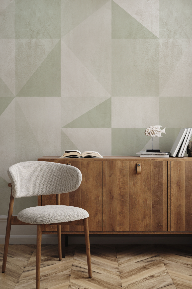 Venetian Geo Mural Sage Green Wallpaper from Olive et Oriel where you can shop wallpaper and artworks online