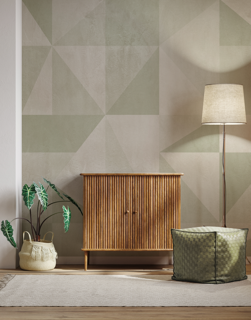 Venetian Geo Mural Sage Green Wallpaper from Olive et Oriel where you can shop wallpaper and artworks online