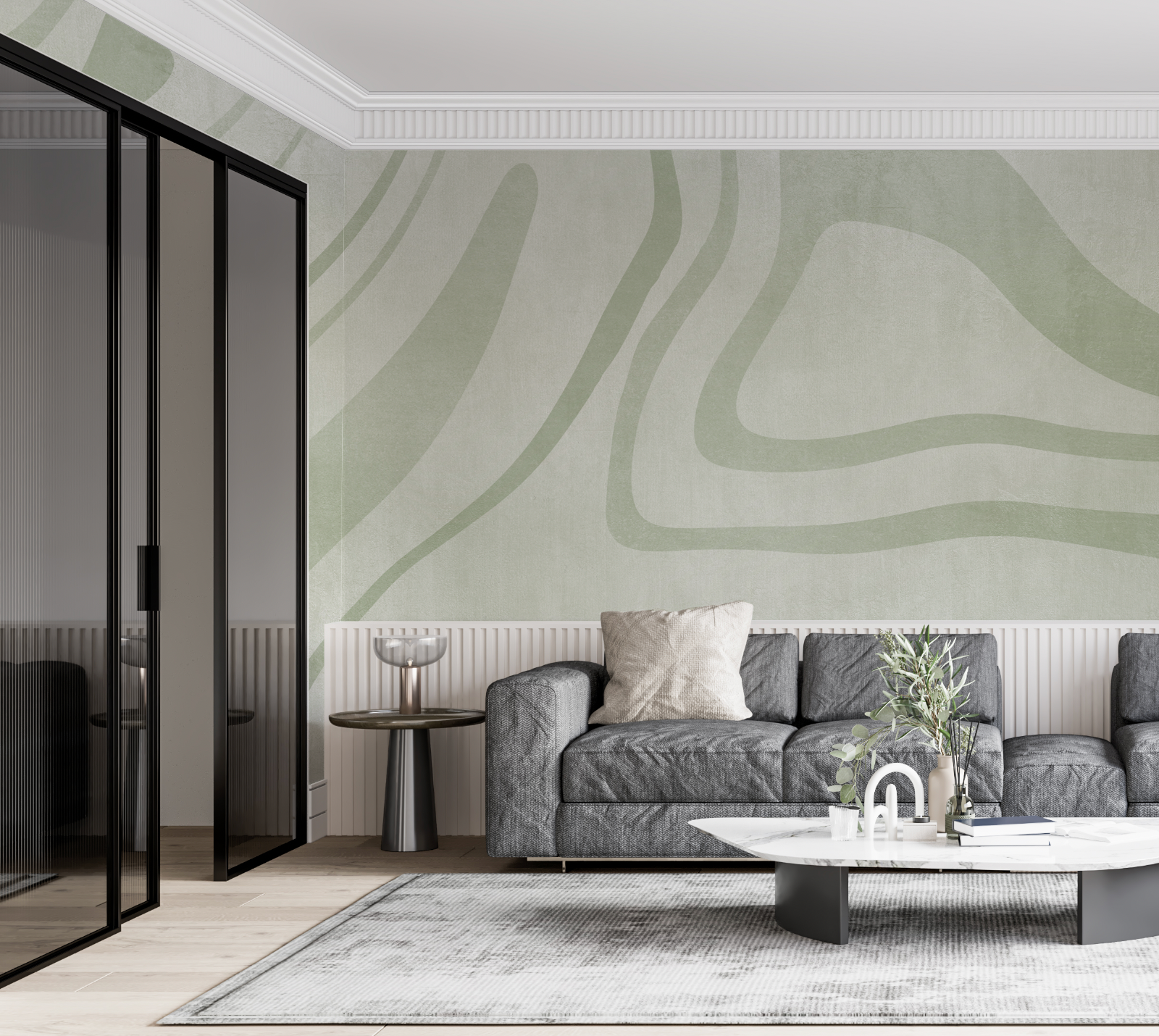 Luxe City Lines Mural Sage Green Wallpaper from Olive et Oriel where you can shop wallpaper and artworks online