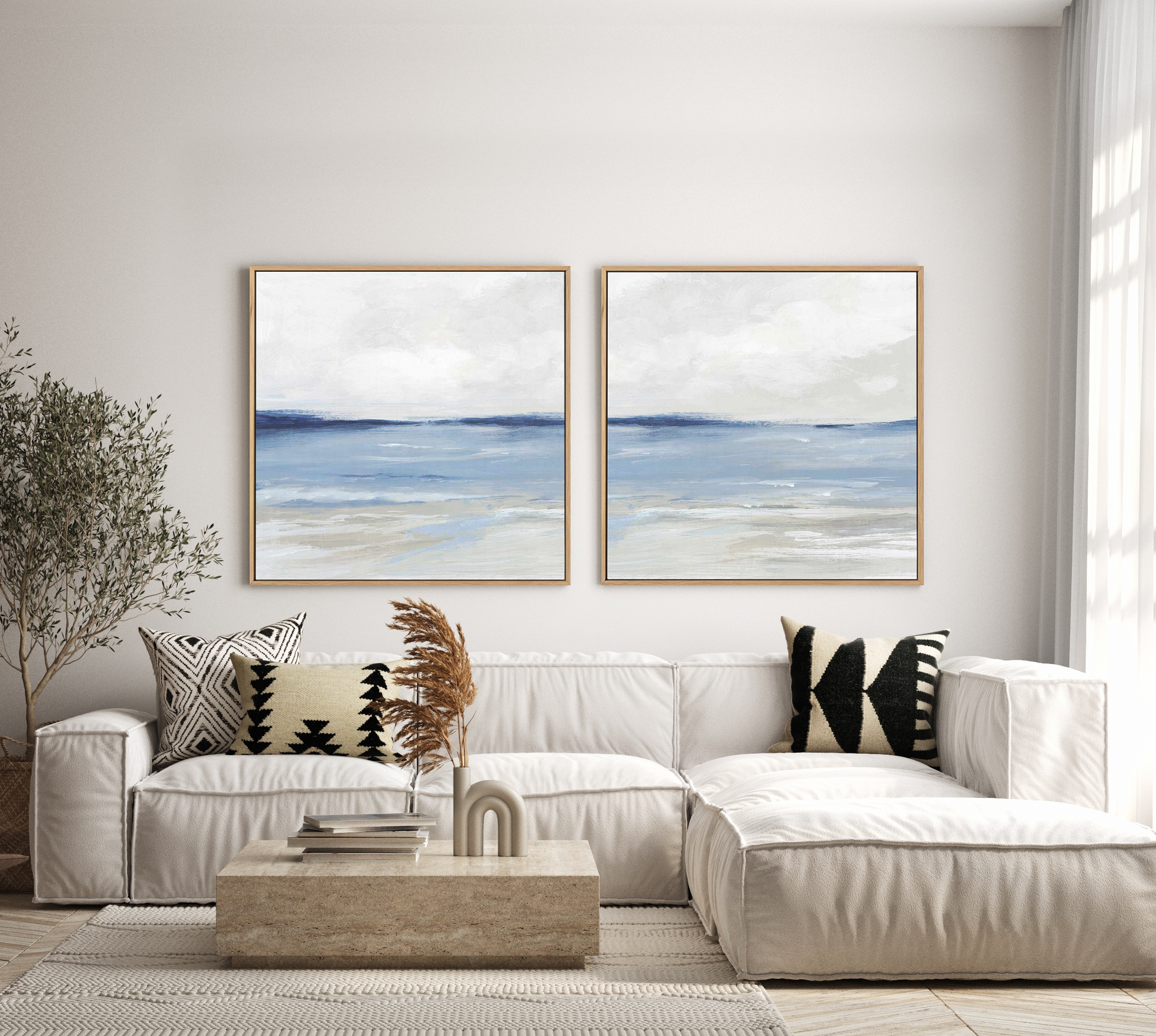 Tranquil Blue Beach Left SQ | Framed Canvas Art Print from Olive et Oriel where you can shop wallpaper and artworks online