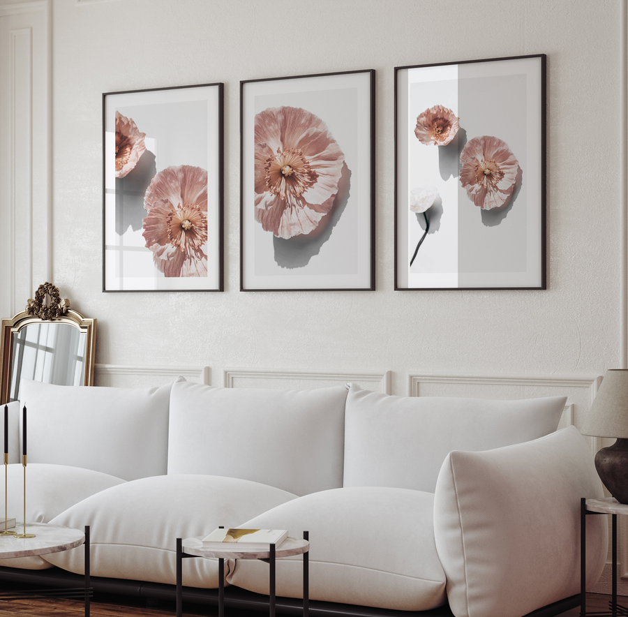 Lifestyle shot of a minimalist living room featuring three framed art prints above a curved white sofa. The prints feature close-up photographs of abstract poppies in dusty rose and blush pink with visible petal texture and dark shadows on a light grey background, displayed in black frames with white borders. The room includes a gold ornate mirror, black candles in gold holders, and marble side tables.
