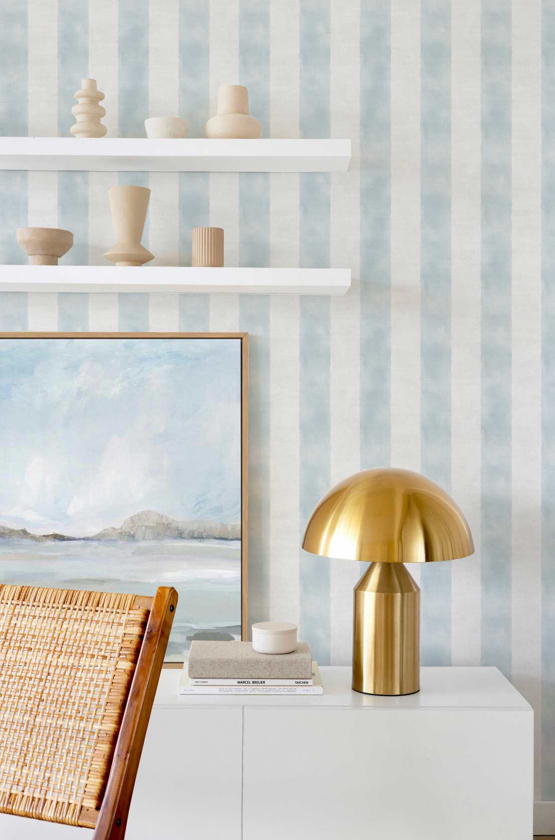 Painted Stripe In Hamptons Blue Wallpaper from Olive et Oriel where you can shop wallpaper and artworks online