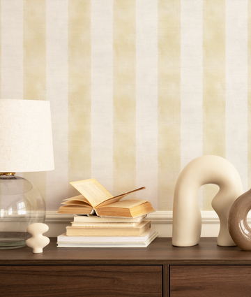 Painted Stripe In Lemon Yellow Wallpaper from Olive et Oriel where you can shop wallpaper and artworks online