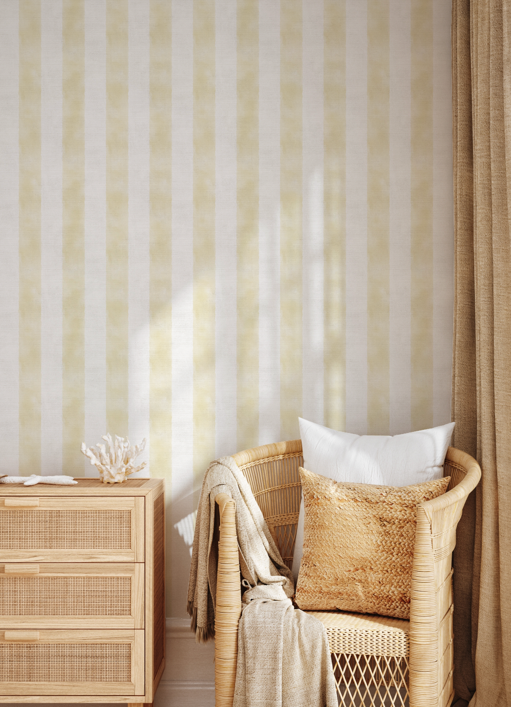 Painted Stripe In Lemon Yellow Wallpaper from Olive et Oriel where you can shop wallpaper and artworks online
