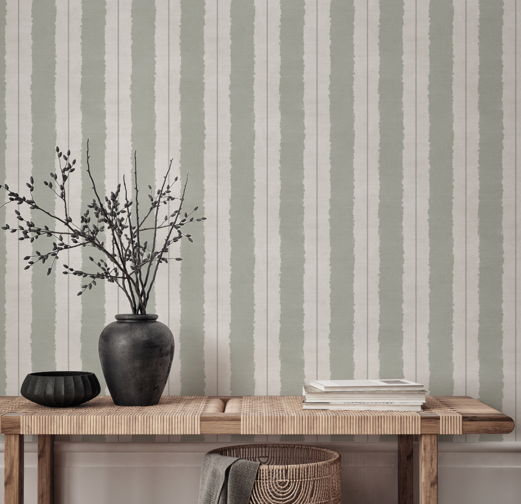 Painterly Stripes In Eucalyptus Green Wallpaper