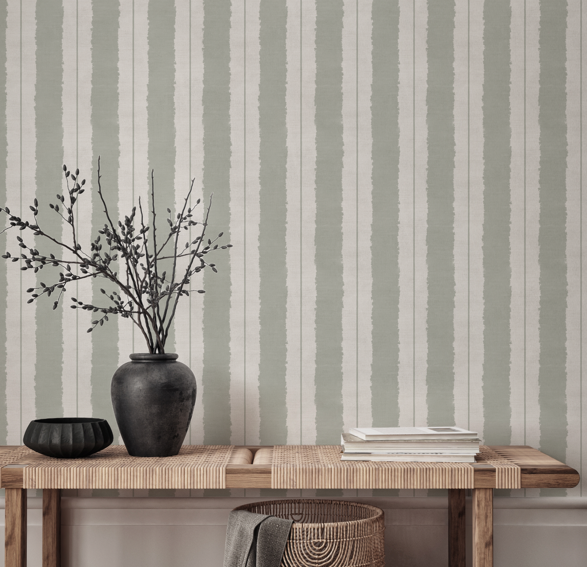 Painterly Stripes In Eucalyptus Green Wallpaper from Olive et Oriel where you can shop wallpaper and artworks online