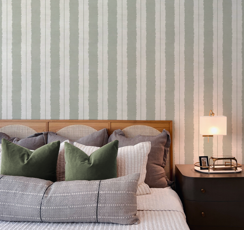 Painterly Stripes In Eucalyptus Green Wallpaper from Olive et Oriel where you can shop wallpaper and artworks online