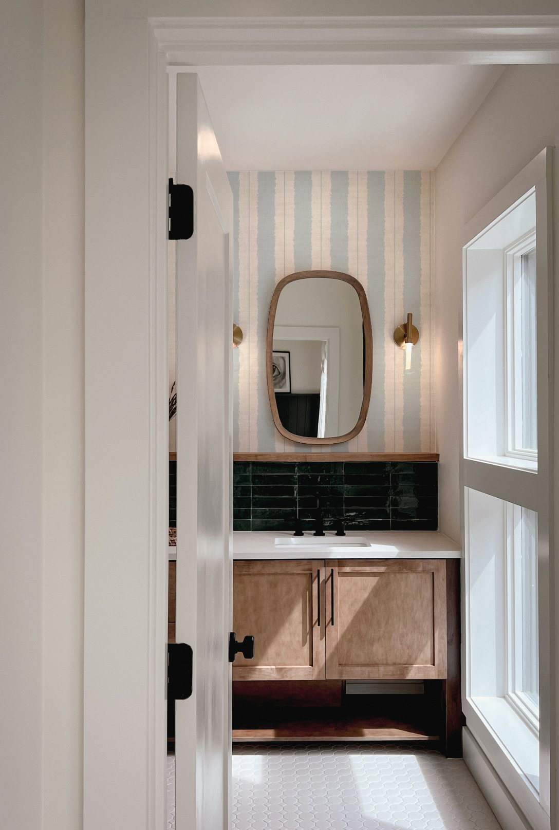 Painterly Stripes In Hamptons Blue Wallpaper from Olive et Oriel where you can shop wallpaper and artworks online