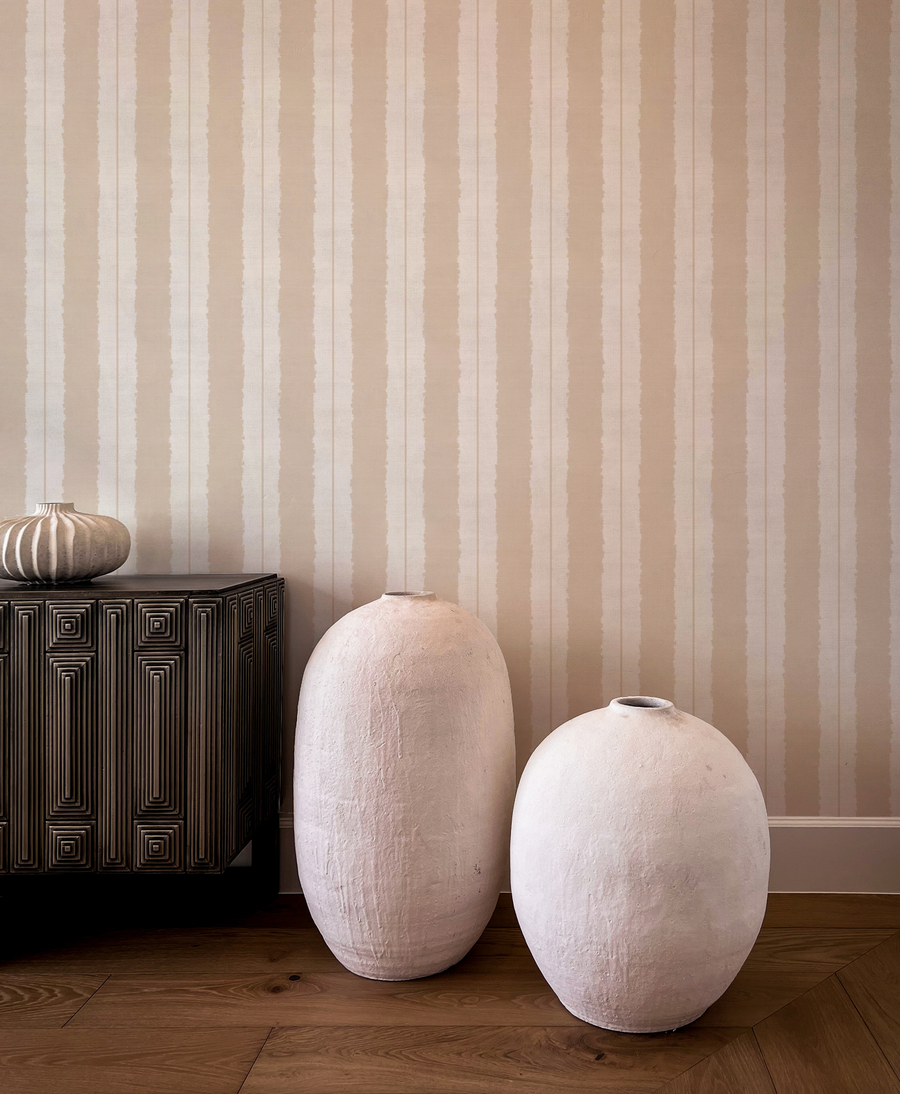 Painterly Stripes In Beige and Cream Wallpaper from Olive et Oriel where you can shop wallpaper and artworks online