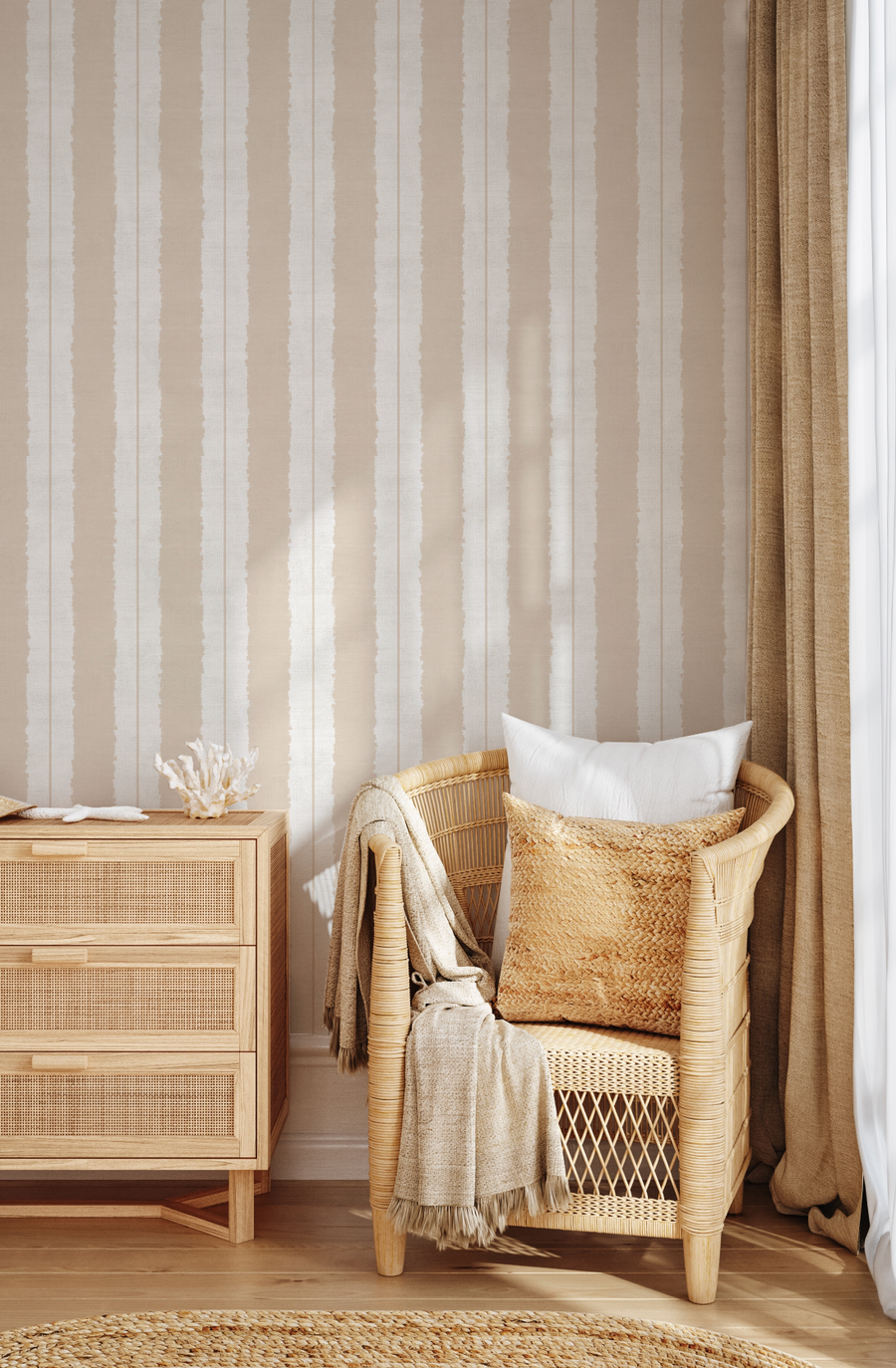 Painterly Stripes In Beige and Cream Wallpaper from Olive et Oriel where you can shop wallpaper and artworks online