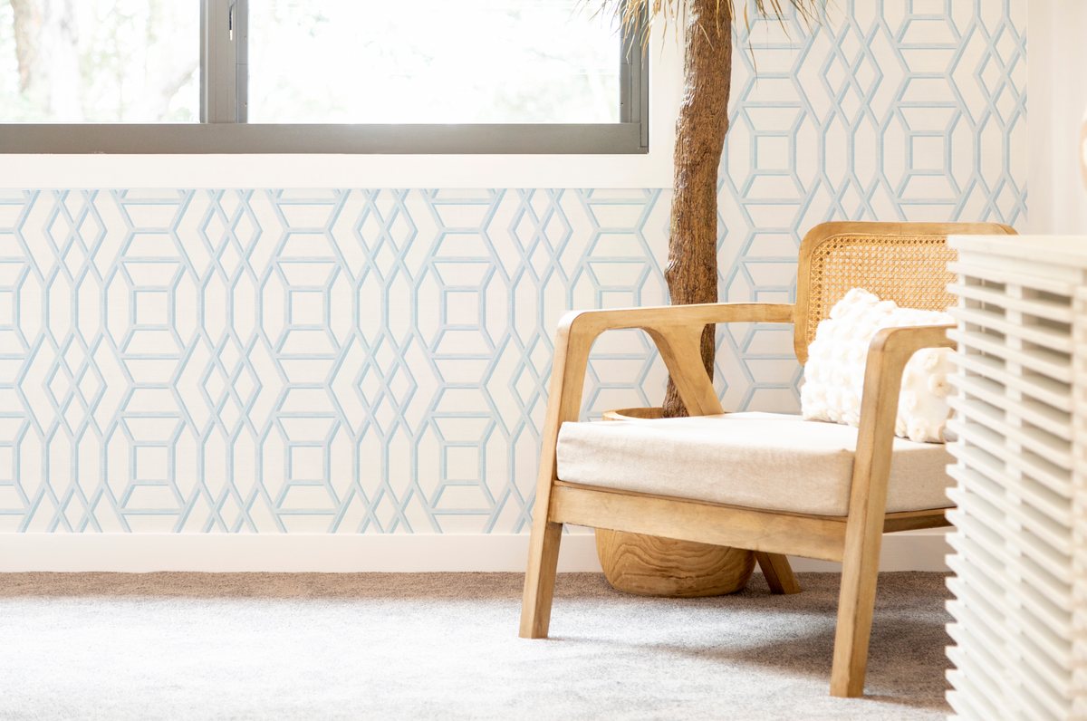 Coastal Lattice In Light Blue Wallpaper from Olive et Oriel where you can shop wallpaper and artworks online