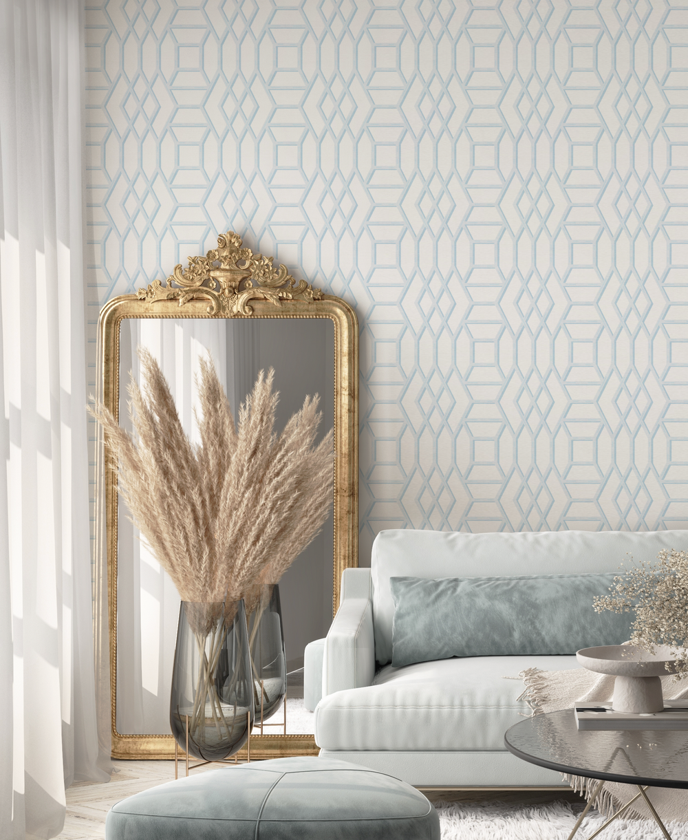 Coastal Lattice In Light Blue Wallpaper from Olive et Oriel where you can shop wallpaper and artworks online