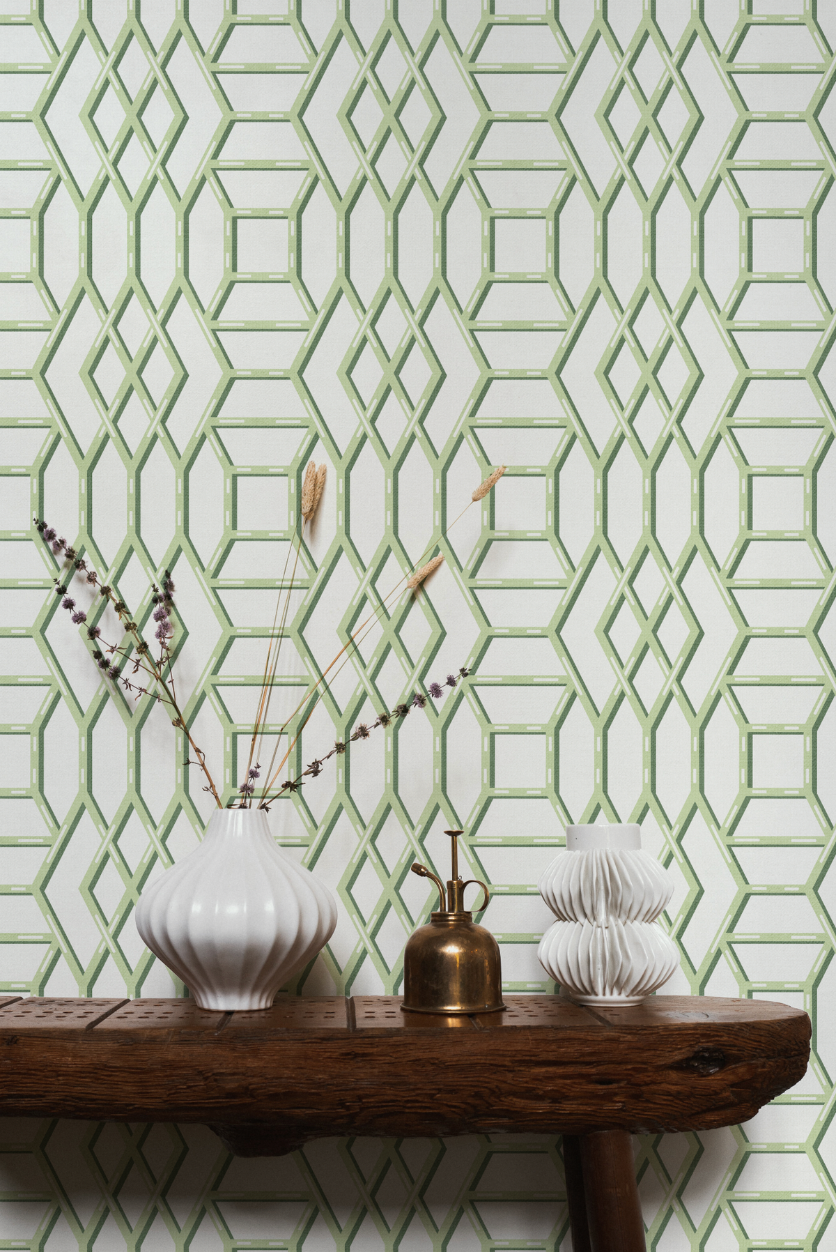 Coastal Lattice In Green Wallpaper from Olive et Oriel where you can shop wallpaper and artworks online