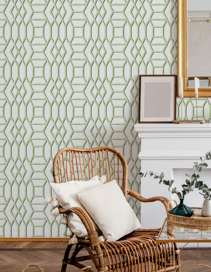 Coastal Lattice In Green Wallpaper from Olive et Oriel where you can shop wallpaper and artworks online