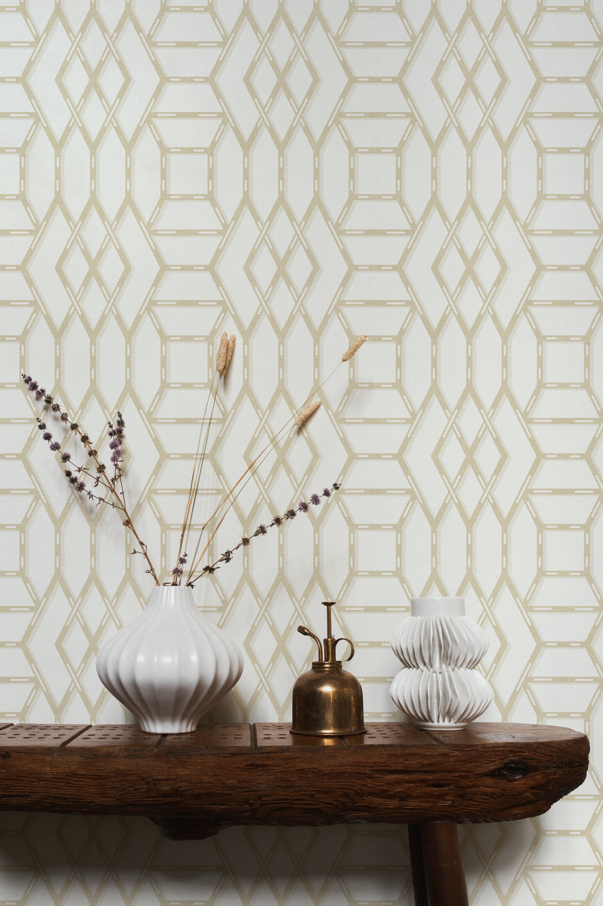 Coastal Lattice In Beige and Cream Wallpaper from Olive et Oriel where you can shop wallpaper and artworks online