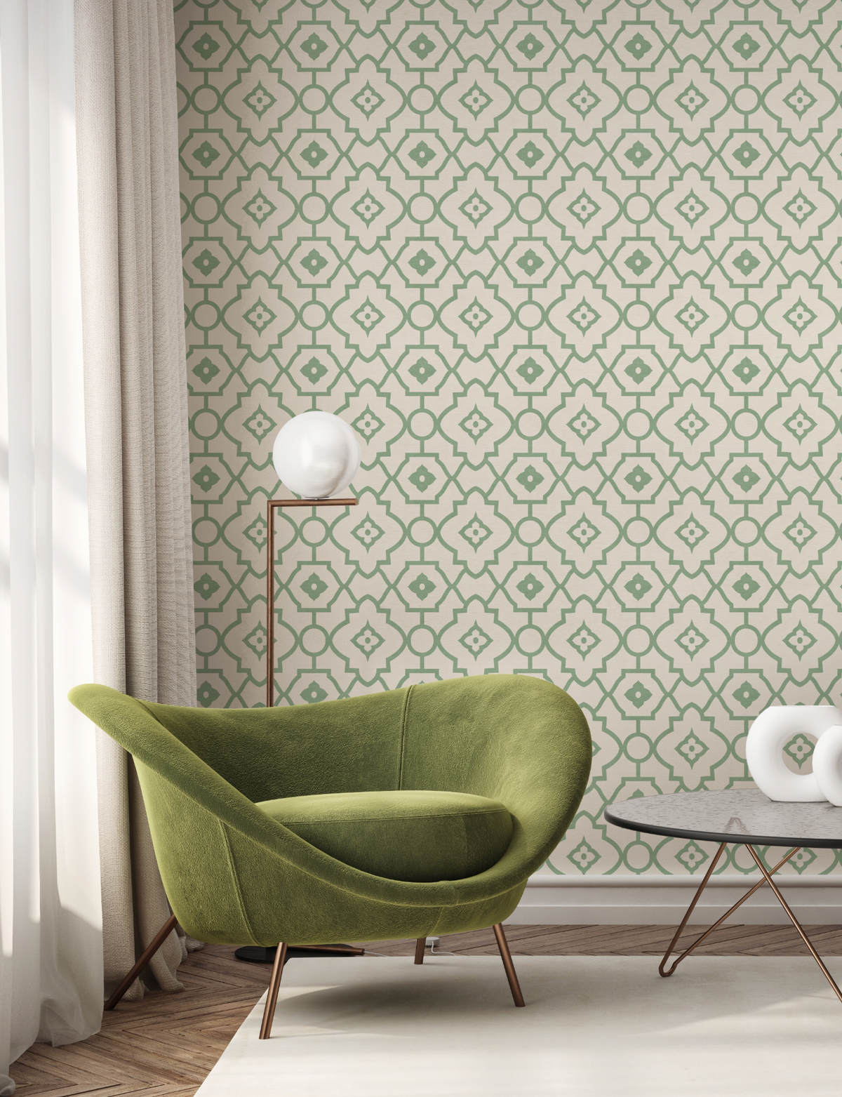 Manner Lattice in Green Wallpaper from Olive et Oriel where you can shop wallpaper and artworks online