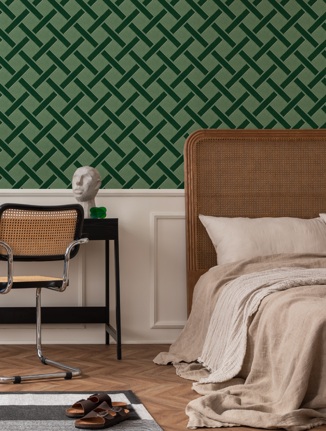 Criss Cross Lattice in Forest Green Wallpaper from Olive et Oriel where you can shop wallpaper and artworks online