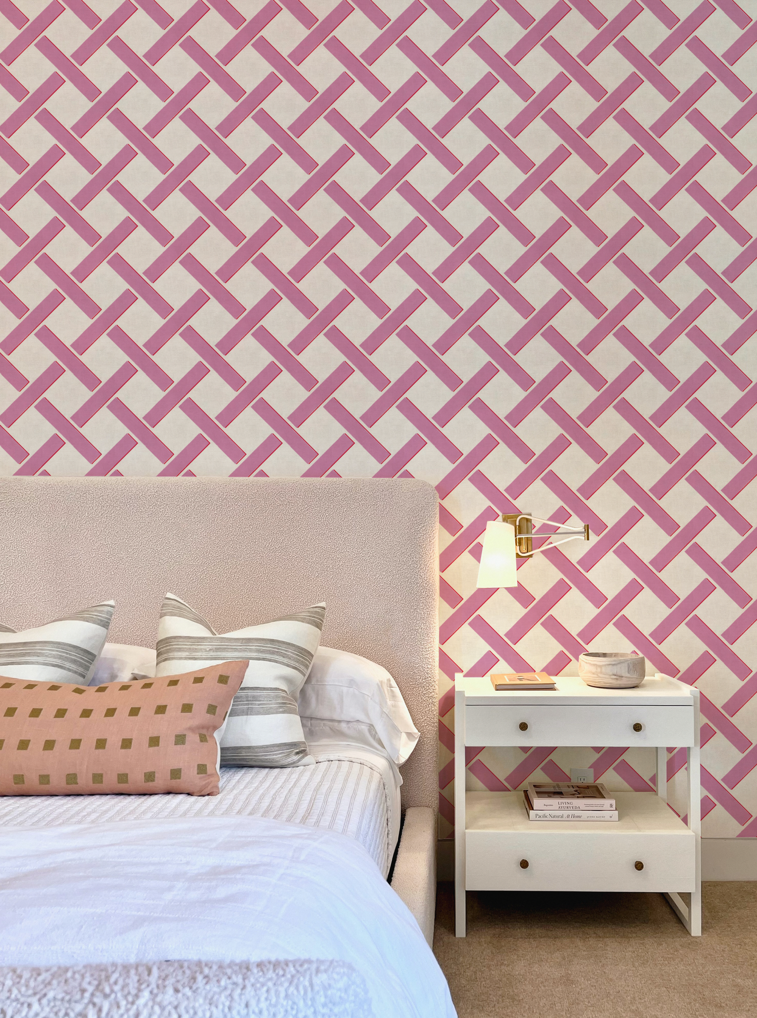 Criss Cross Lattice in Pink & White Wallpaper