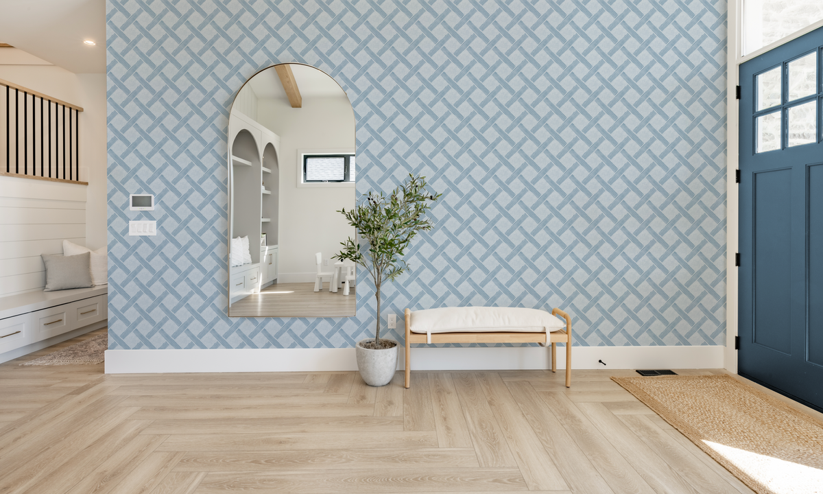 Criss Cross Lattice in Coastal Blue Wallpaper from Olive et Oriel where you can shop wallpaper and artworks online