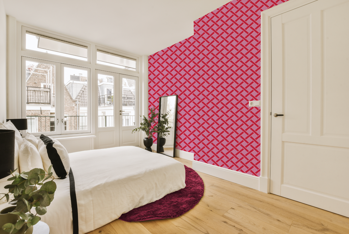 Criss Cross Lattice in Hot Pink Wallpaper from Olive et Oriel where you can shop wallpaper and artworks online