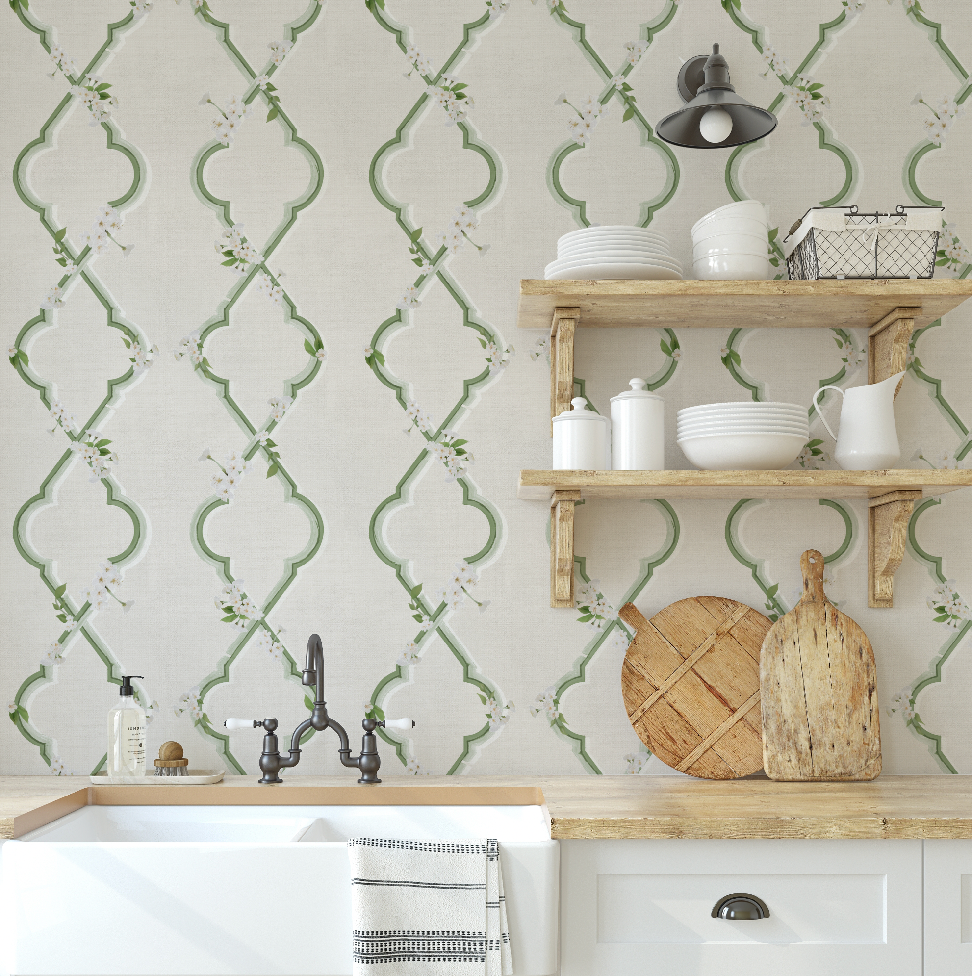 Country Garden Lattice in Forest Green Wallpaper