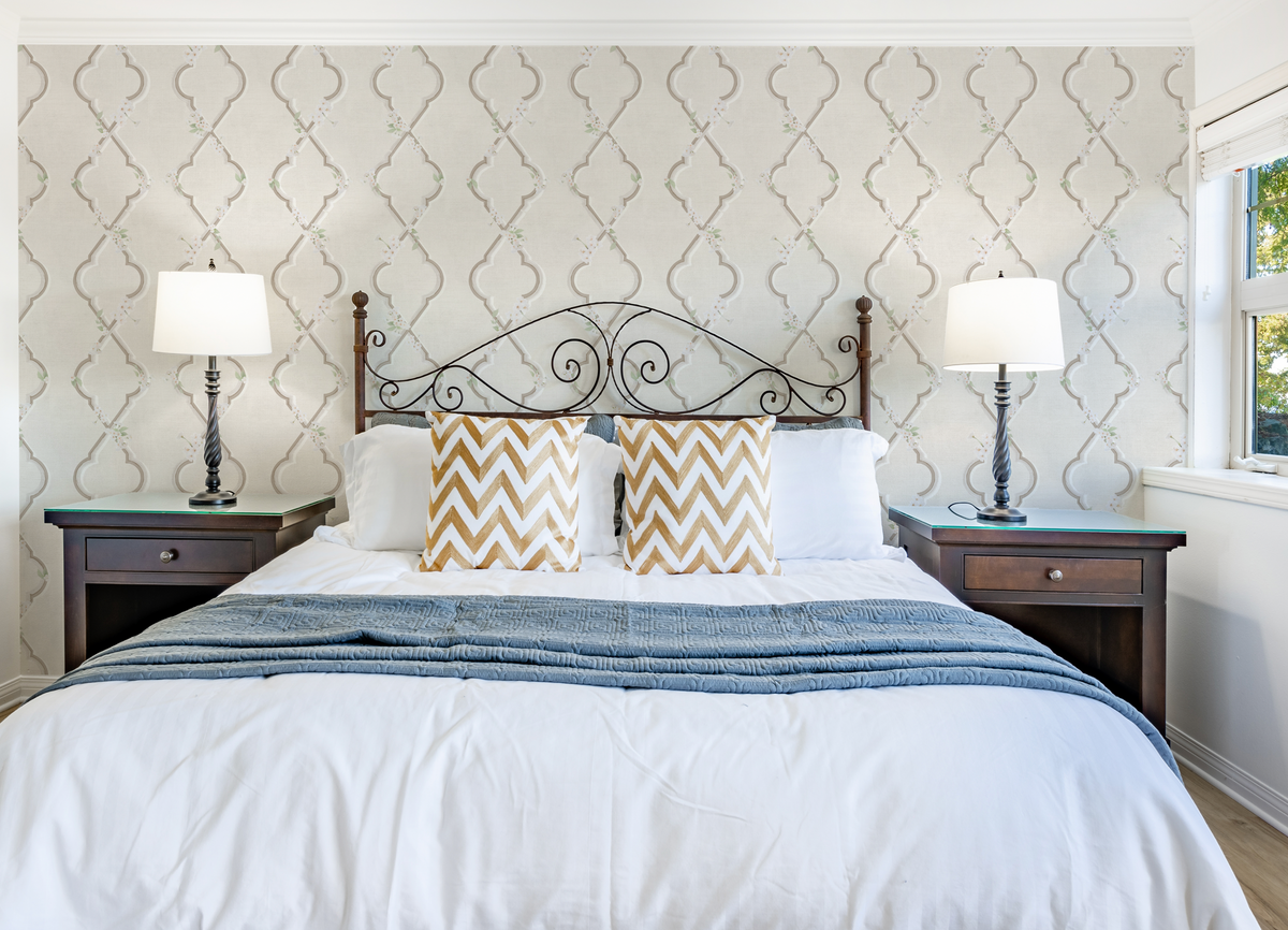 Country Garden Lattice in Warm Beige Wallpaper from Olive et Oriel where you can shop wallpaper and artworks online