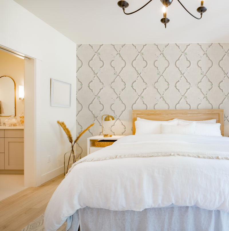 Country Garden Lattice in Warm Beige Wallpaper from Olive et Oriel where you can shop wallpaper and artworks online