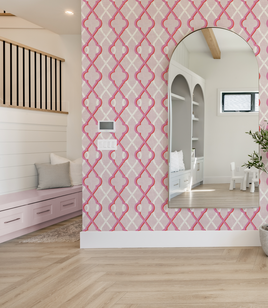Painted Lattice in Hot Pink Wallpaper from Olive et Oriel where you can shop wallpaper and artworks online