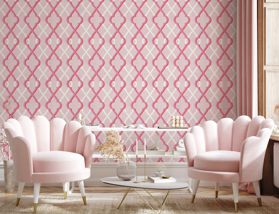 Painted Lattice in Hot Pink Wallpaper from Olive et Oriel where you can shop wallpaper and artworks online