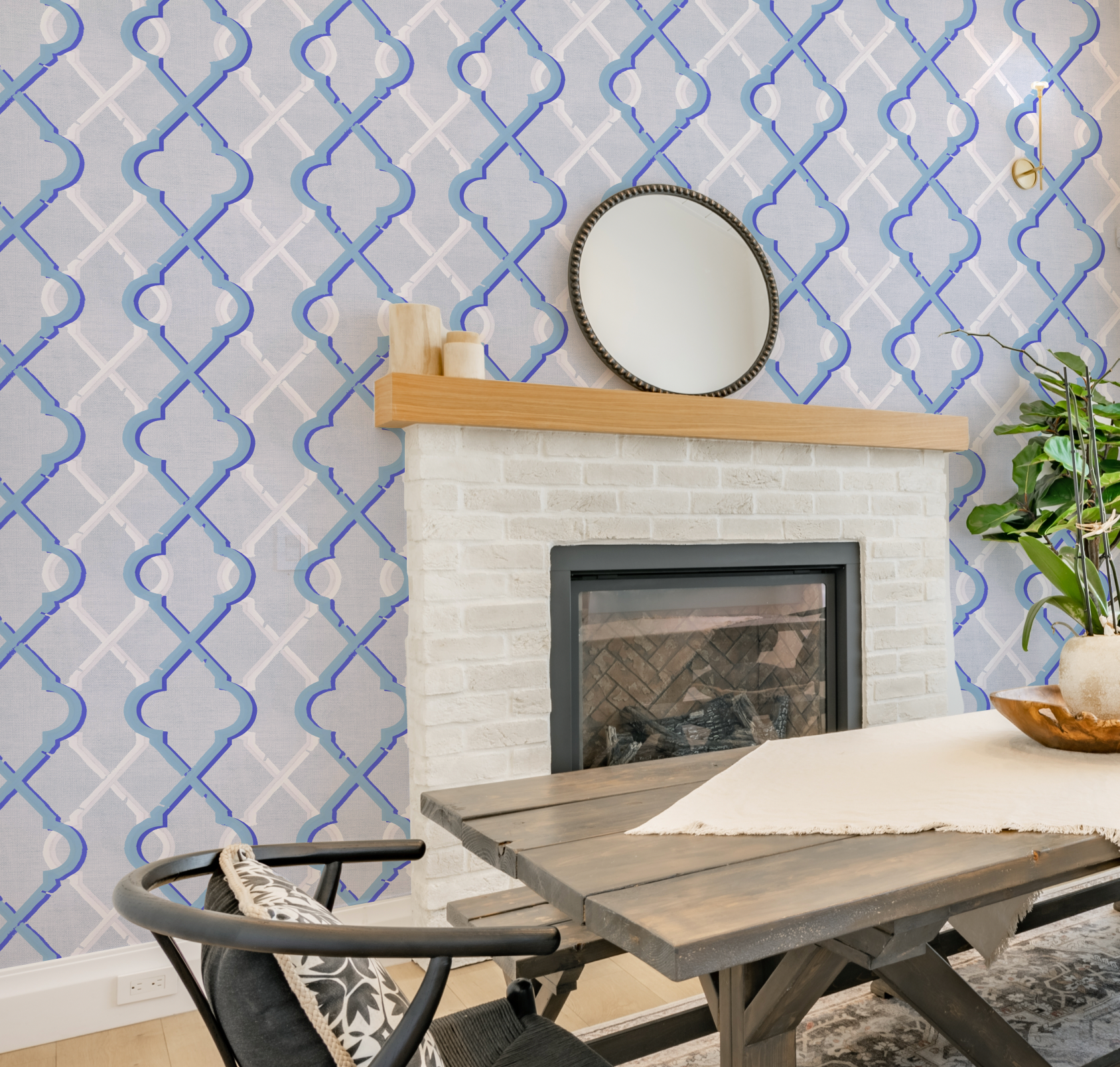 Painted Lattice in Cerulean Blue Wallpaper