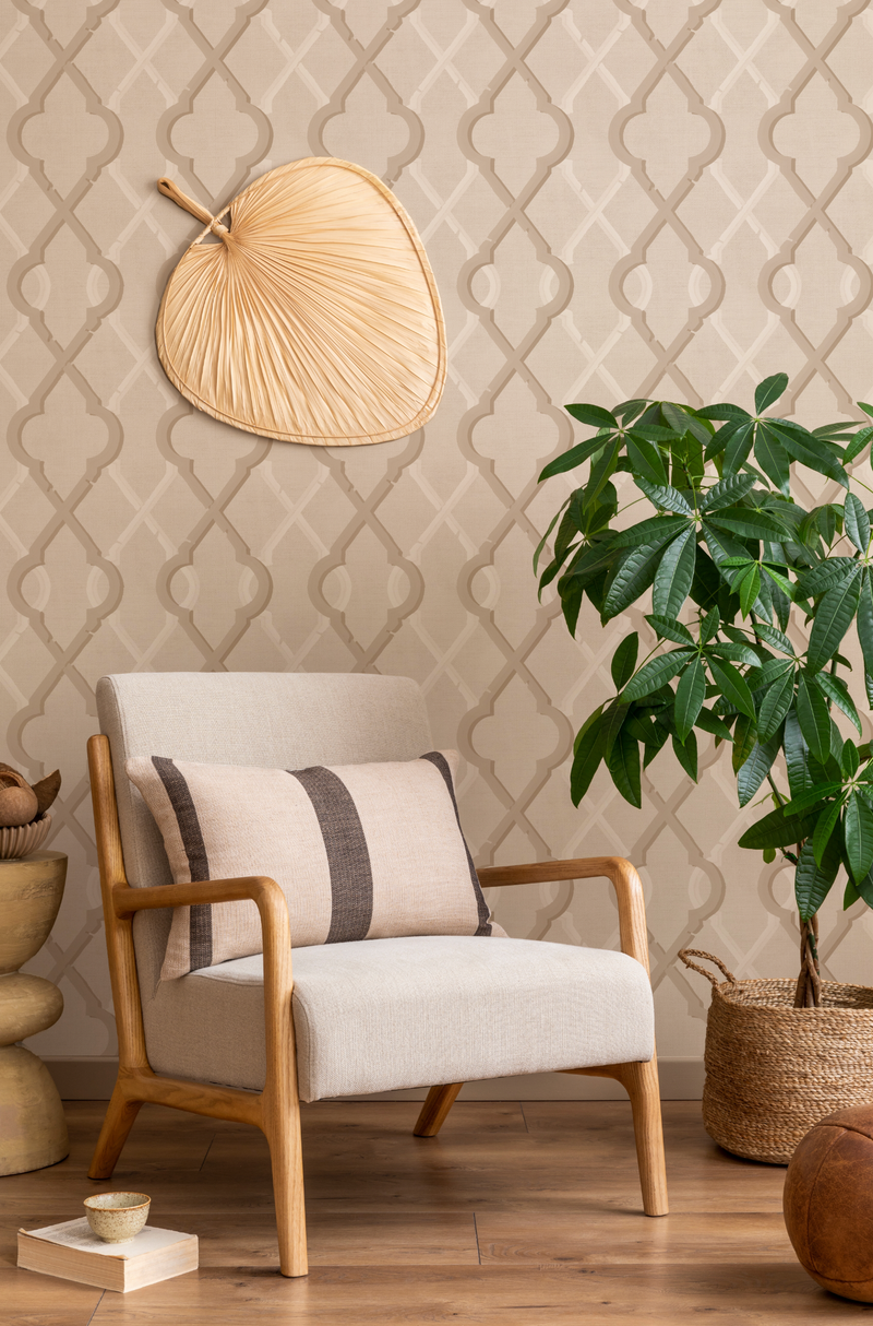 Painted Lattice in Warm Beige Wallpaper from Olive et Oriel where you can shop wallpaper and artworks online