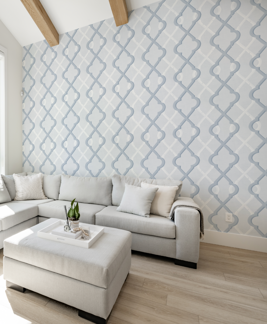 Painted Lattice in Coastal Blue Wallpaper from Olive et Oriel where you can shop wallpaper and artworks online