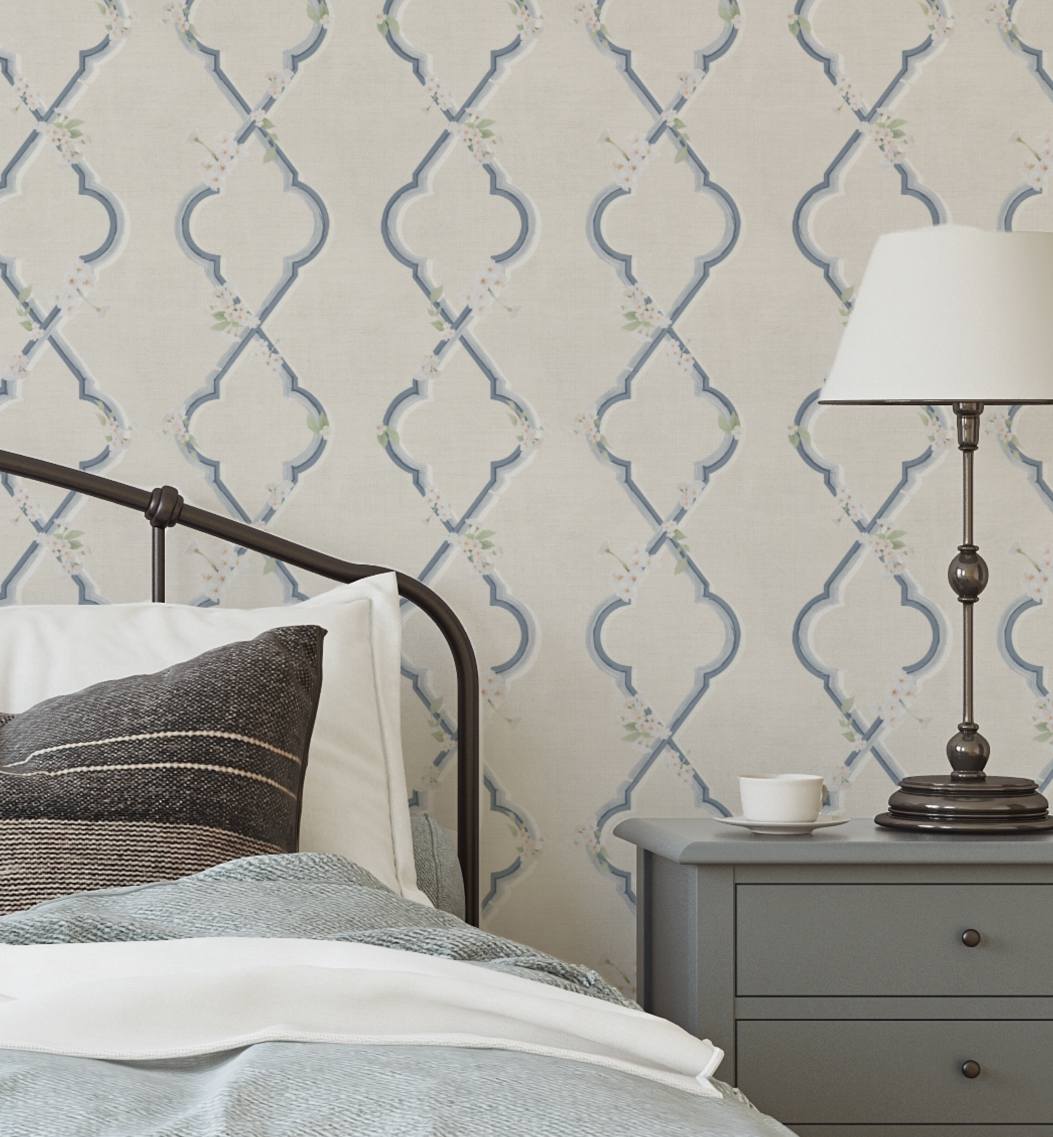 Country Garden Lattice in Blue Wallpaper