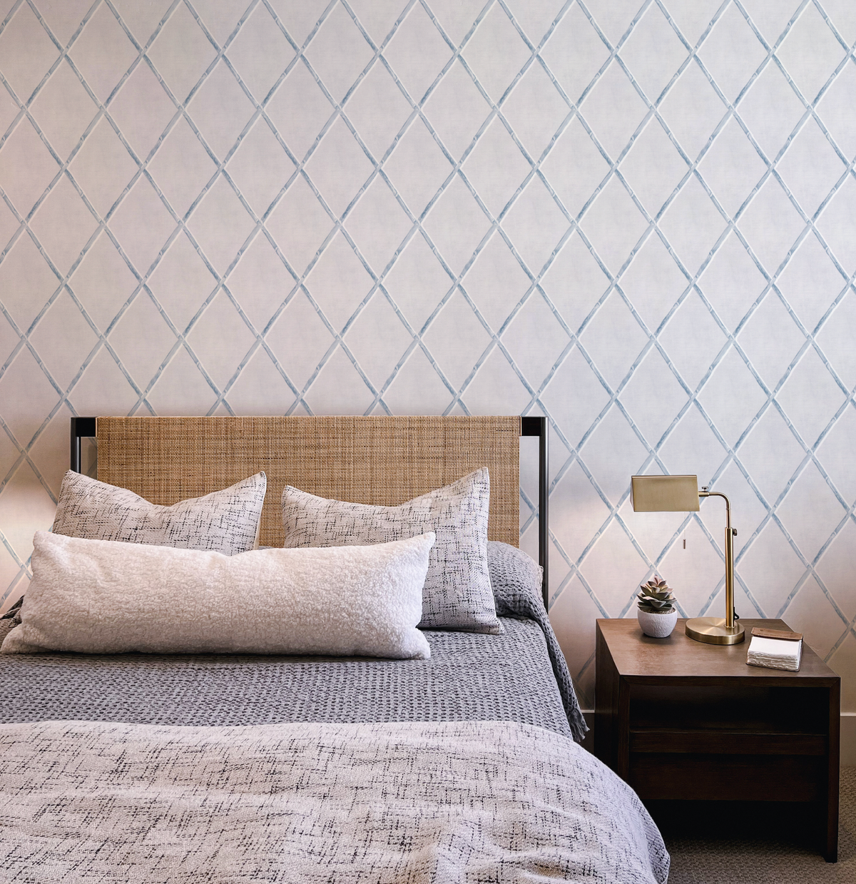 Bamboo Lattice in Coastal Blue Wallpaper from Olive et Oriel where you can shop wallpaper and artworks online