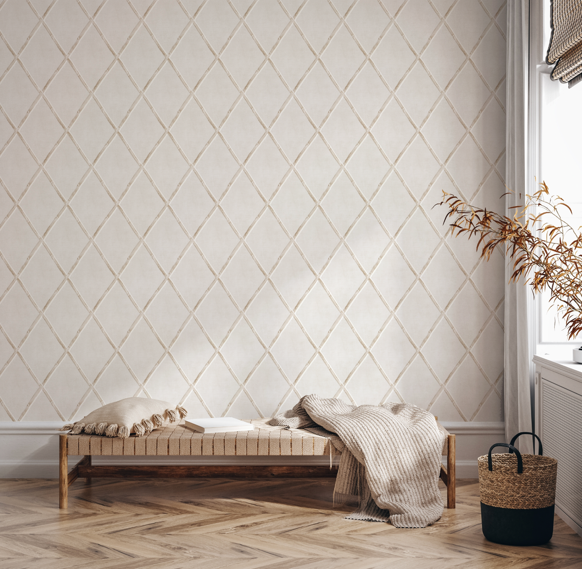 Bamboo Lattice in Beige Wallpaper from Olive et Oriel where you can shop wallpaper and artworks online